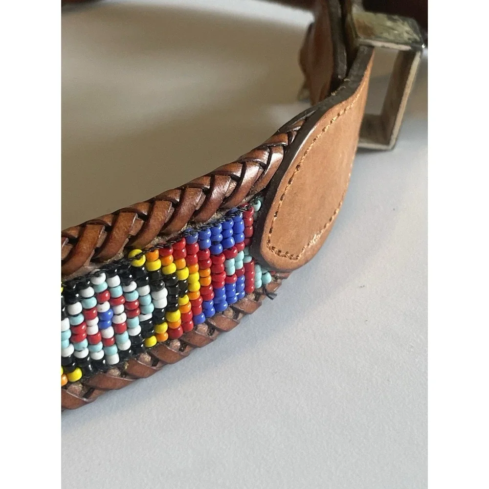 1991 Vintage Southwestern Boho Beaded Leather Belt 65506 No Brand Size 26